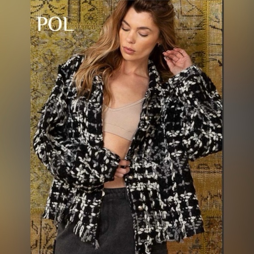 POL Black and White Tweed Jacquard Coat
